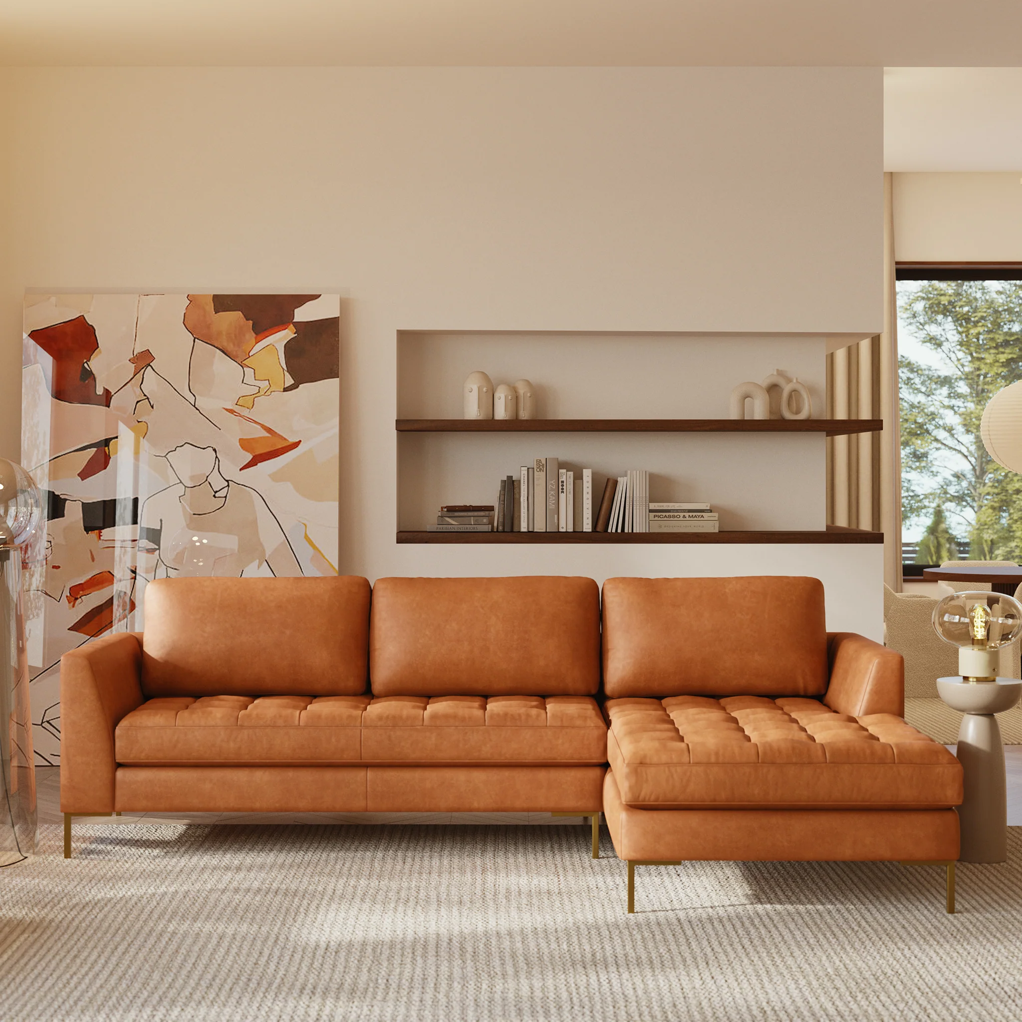 Calle 114" Leather Right-Facing Sectional Sofa | Cognac Tan - Image 15