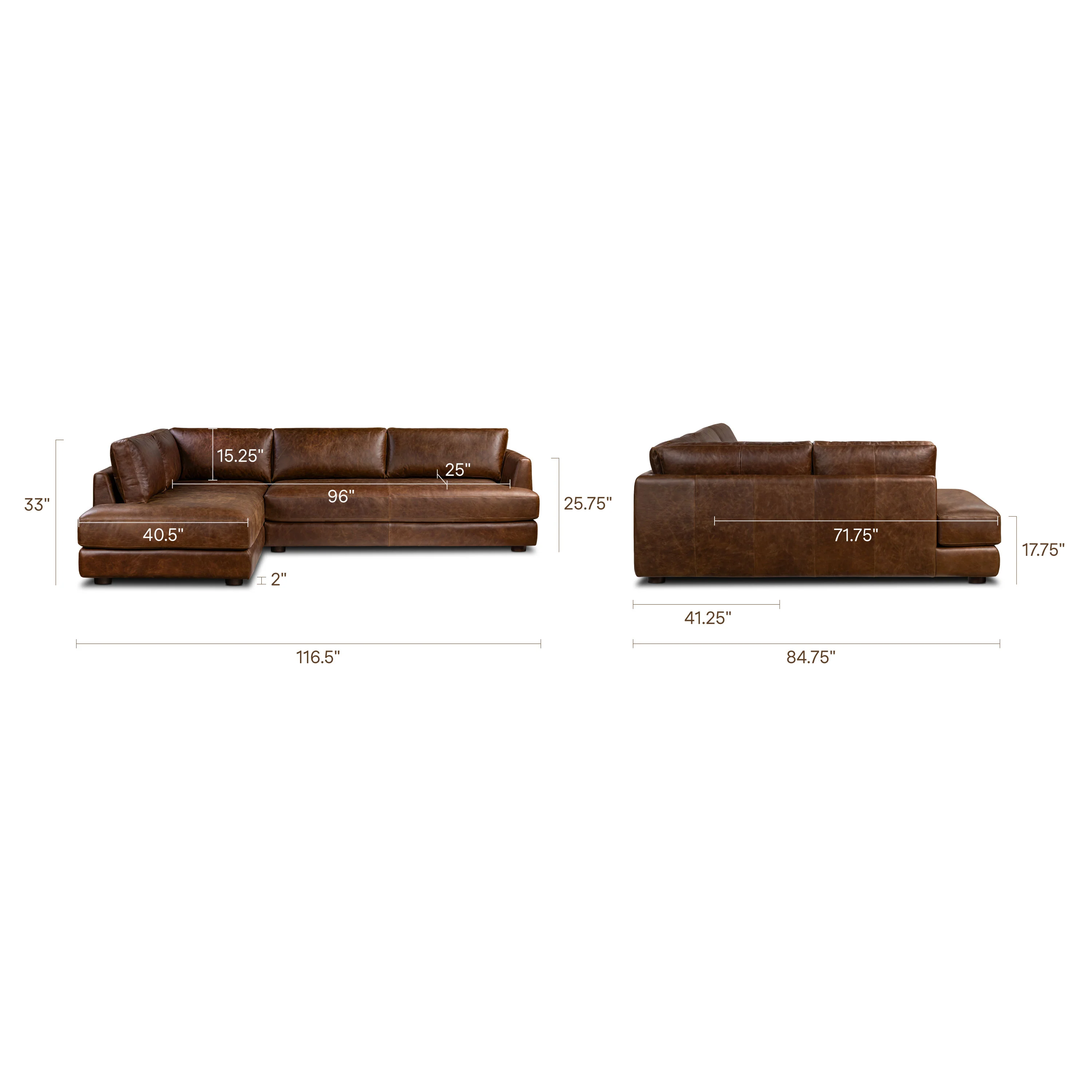 Catania 116.5" Leather Left-Facing Bumper Sectional Sofa | Chocolate Brown - Image 19