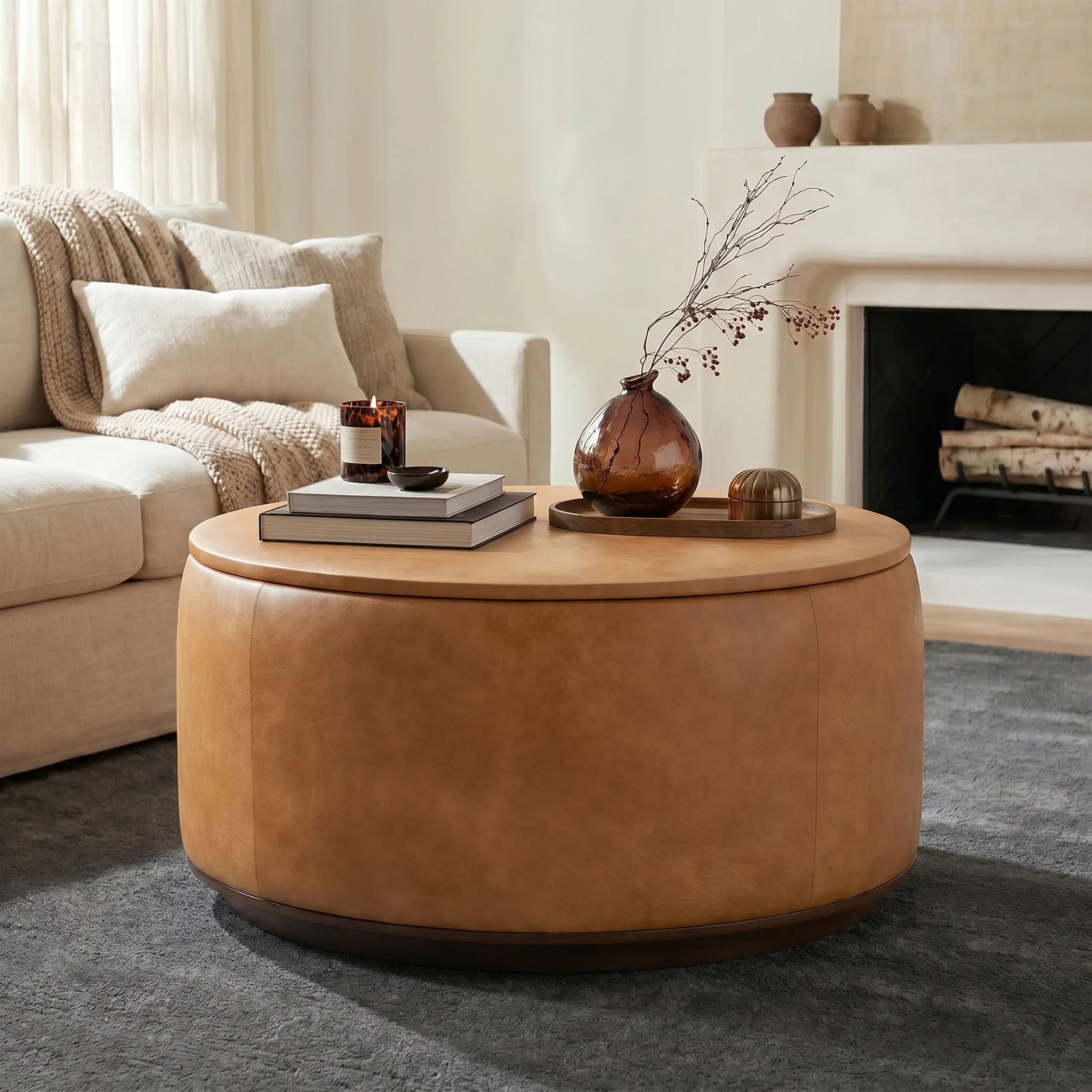 Herve Leather Storage Ottoman | Cognac Tan - Image 2